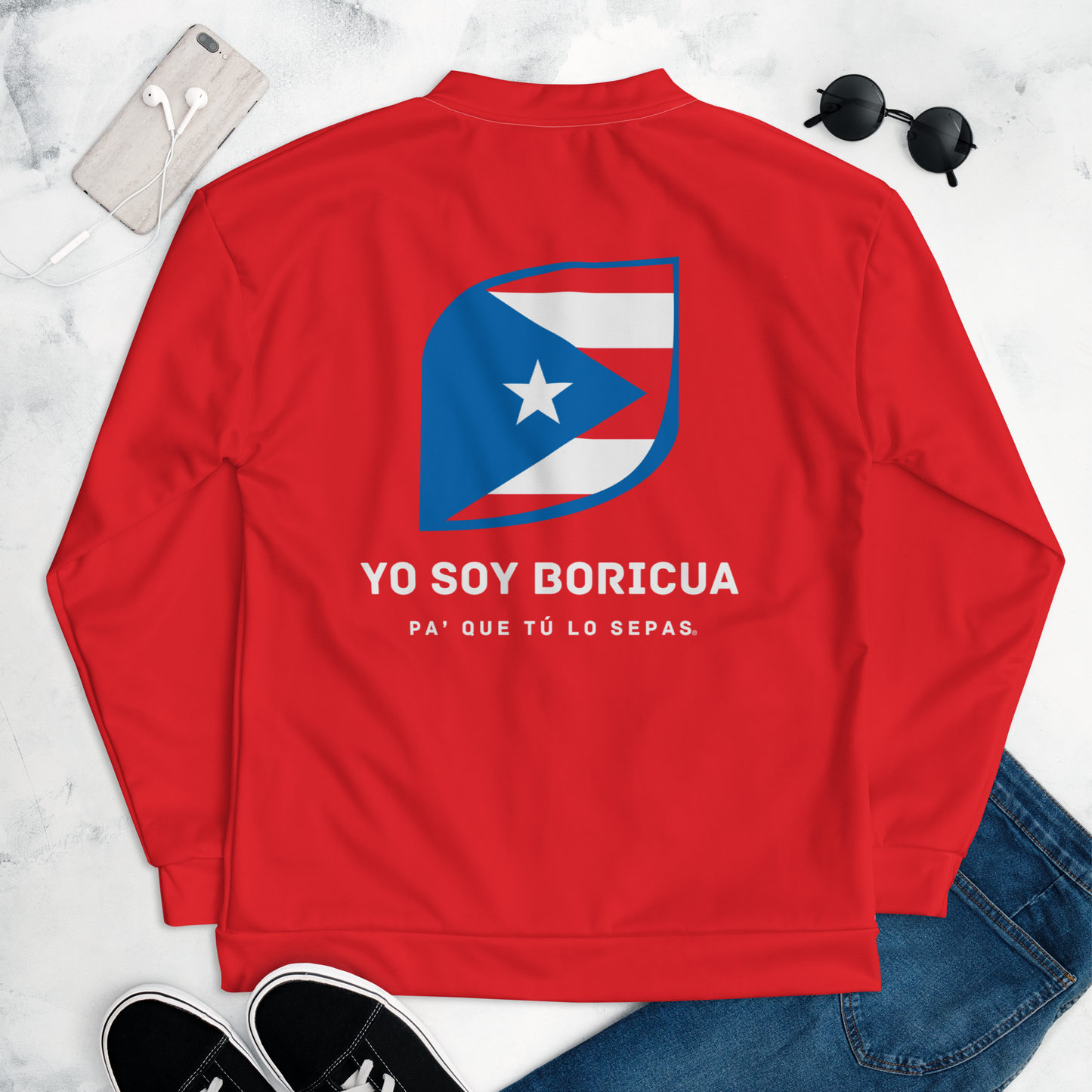 Chaqueta Bomber Yo Soy Boricua Pa' Que Tú Lo Sepas Logo all over unisex