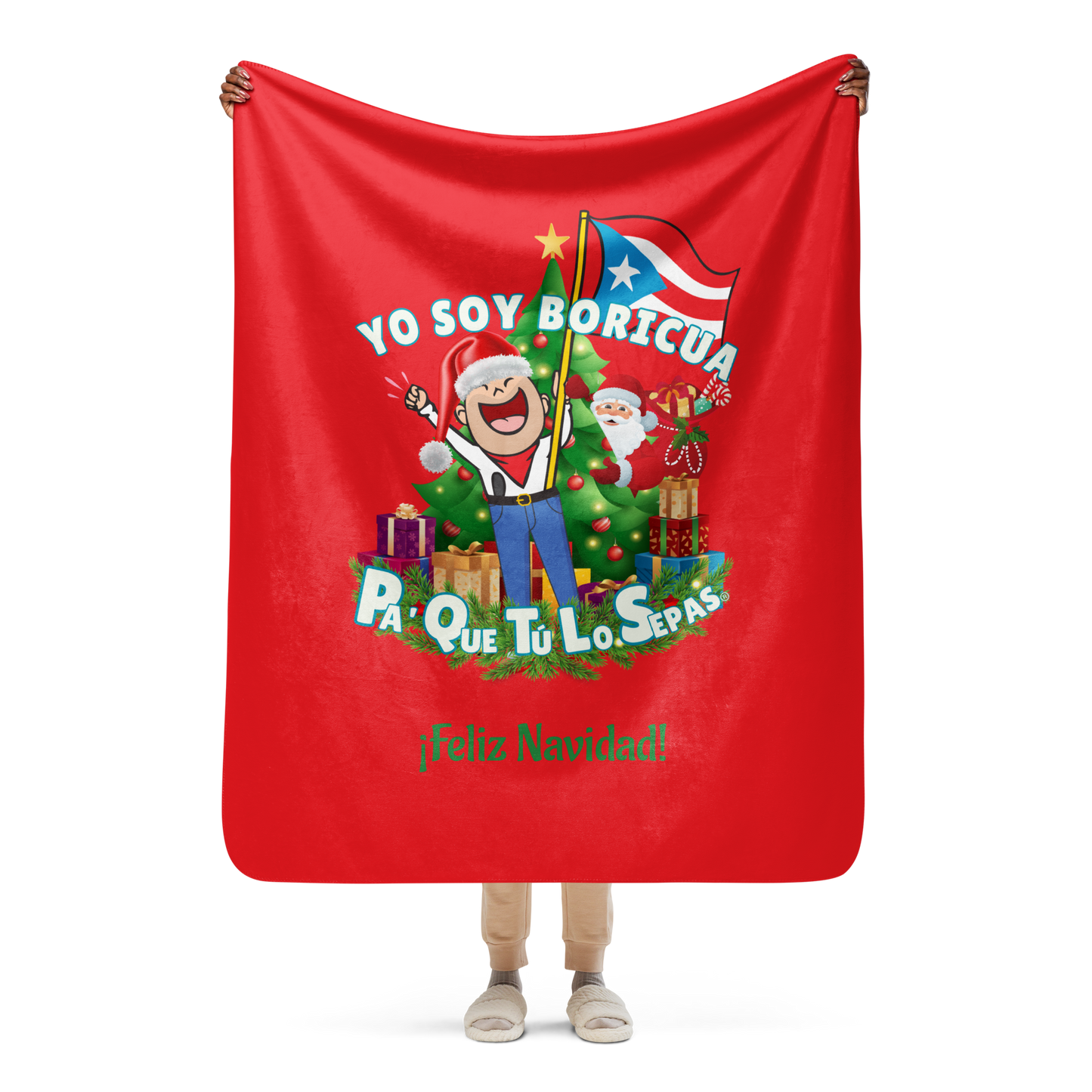 Feliz Navidad Santa Boricua manta sherpa roja