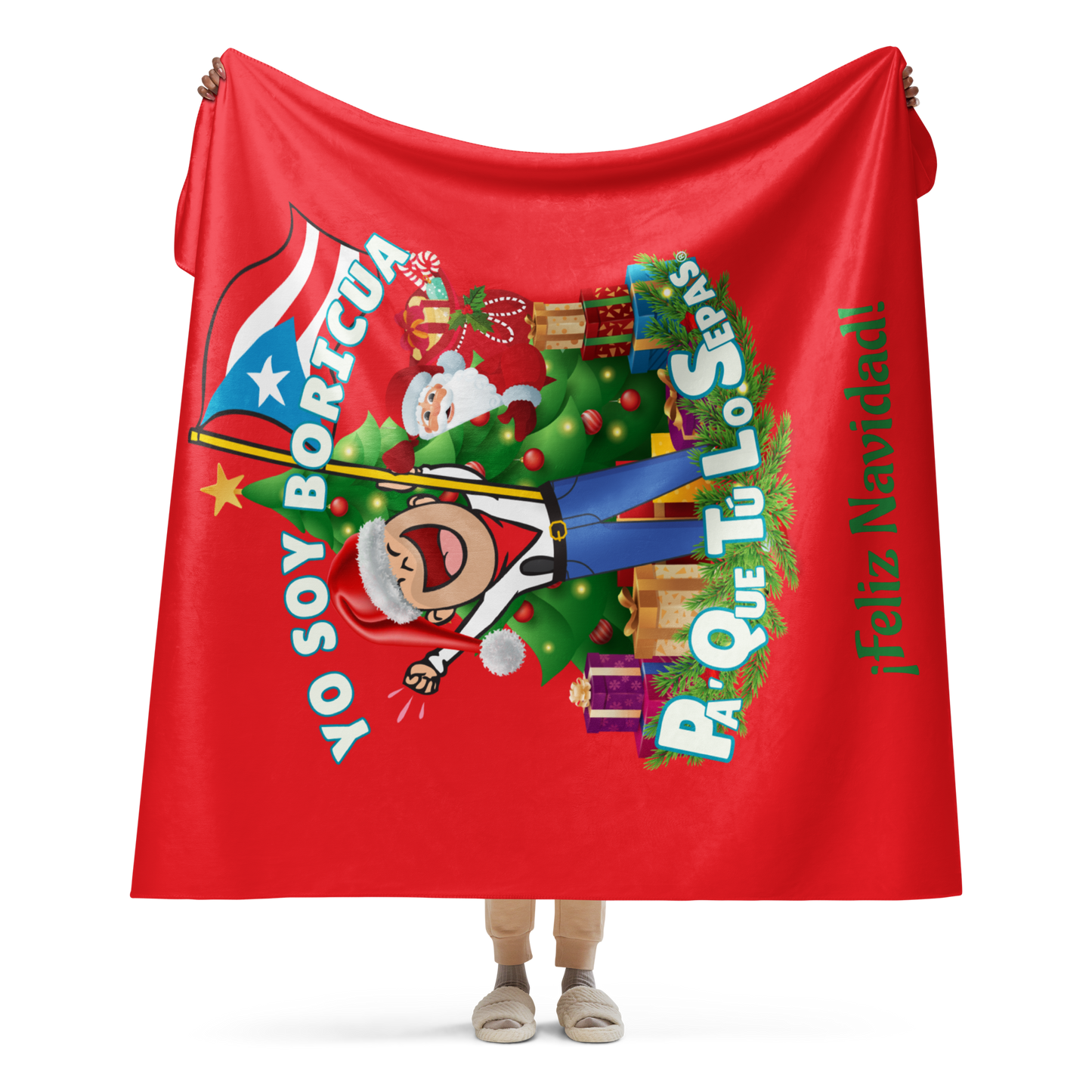 Feliz Navidad Santa Boricua manta sherpa roja