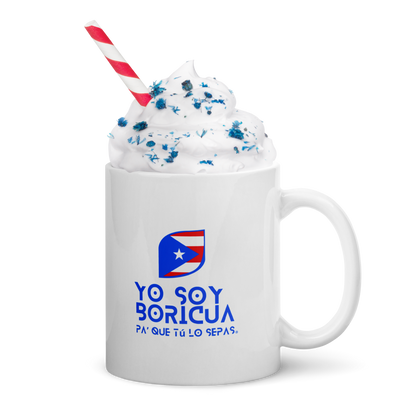 Taza blanca brillante Yo Soy Boricua Pa’ Que Tú Lo Sepas Logo